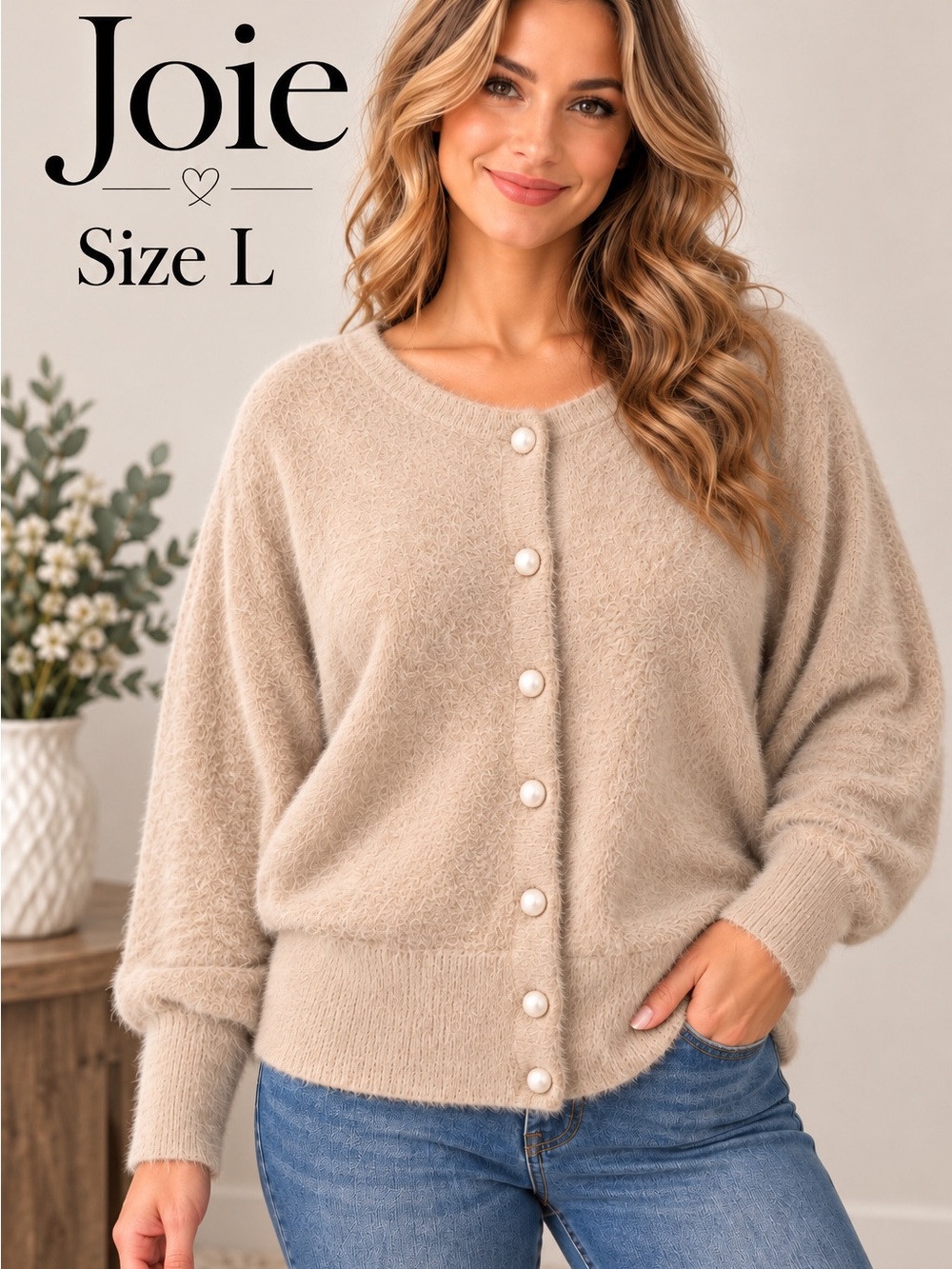Joie Fuzzy Eyelash Knit Cardigan Pearl Buttons Size L